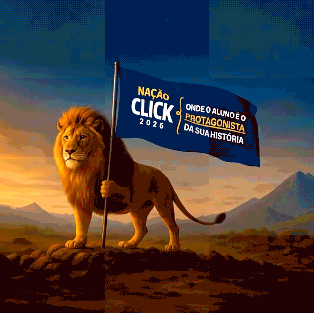 Imagem Leão segurando a bandeira Nação Click onde o aluno é o protagonista da sua história!